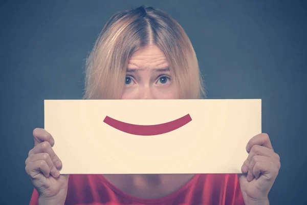 Sad Blonde Girl Teenager Red Blouse Holding White Poster Symbol — Stock Photo, Image