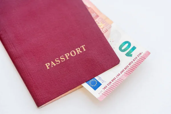 Євро Червоному Паспорті Білому Тлі Крупним Планом — стокове фото