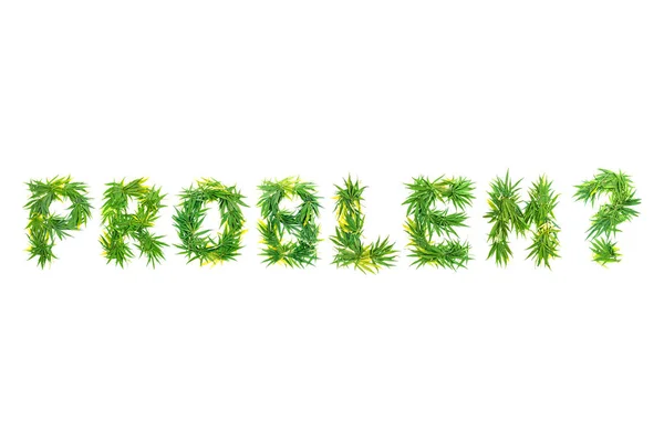 Слово Problem Зроблене Зеленого Листя Канабісу Білому Тлі Ізольовані — стокове фото