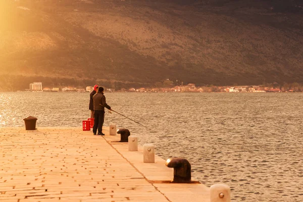 Kotor Montenegro April 2017 Two Fishermen Fishing Pier Sunrise Sunset Stock Image