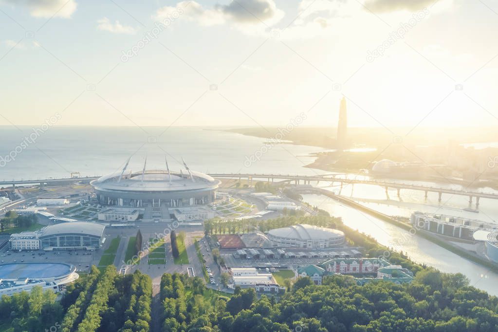 Round Football Stadium in the sunshine, top view