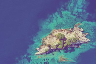 Deniz yeşil ağaçların bir kayalık ada, üstten görünüm