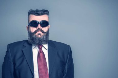 Yetişkin sakallı adam bir takım elbise ve güneş gözlüğü gri bir arka plan üzerine bir kare kafa ile