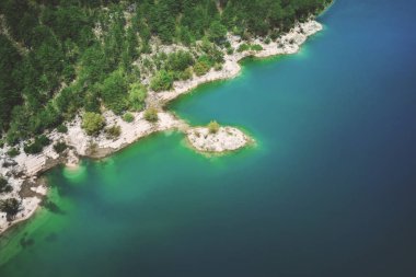 Yeşil orman tarafından çevrili bir güzel dağ gölü üstten görünüm