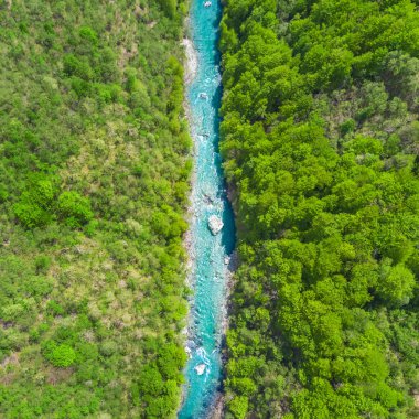 Dağlarda bir yeşil orman tarafından çevrili Nehri'nin üstten görünüm