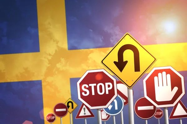 Stop Verkeersbord Een Achtergrond Van Vlag Van Zweden — Stockfoto