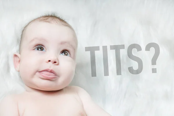 Cute Baby Lying White Fur Next Inscription Tits — Stock Photo, Image
