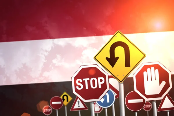 Stoppschild Vor Dem Hintergrund Der Jemenitischen Flagge — Stockfoto