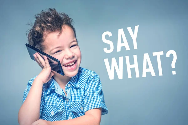 Милий Маленький Хлопчик Блакитній Сорочці Розмовляє Телефону Поруч Написом Say — стокове фото