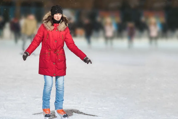 Kazan Russia January 2017 Girl Red Jacket Skating Rink Evening — Stock Photo, Image