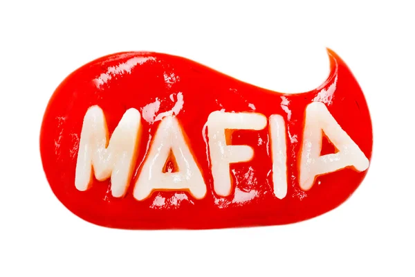Felirat Maffia Készült Tészta Egy Csepp Fehér Alapon Piros Ketchup — Stock Fotó