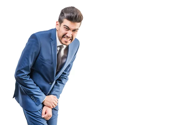 Young Attractive Man Blue Suit Feels Pain White Background Isolated — Stock Photo, Image