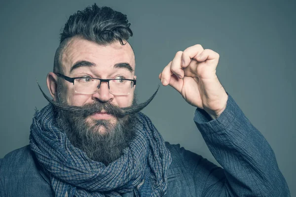 Adult bearded man with a mohawk hairstyle touches long mustache on a gray background. Toned