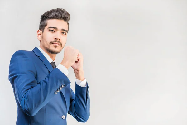 Young Attractive Man Blue Suit Standing Fighting Stance Gray Background — Stock Photo, Image