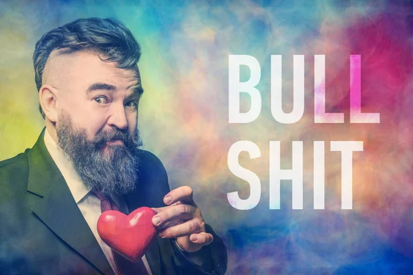 Adult Bearded Man Suit Red Tie Holding Red Heart Colorful — Stockfoto