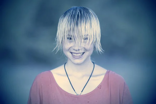 Portrait Smiling Girl Wet Blond Hair Red Blouse Toned — Stock Photo, Image