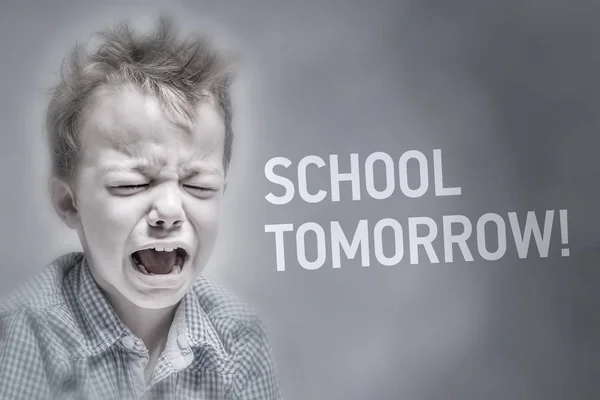 Crying Little Boy Gray Background Next Inscription School Tomorrow — Stock Photo, Image