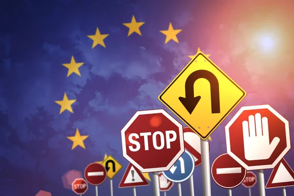 Dopravní Značka Stop Pozadí Evropské Vlajky — Stock fotografie