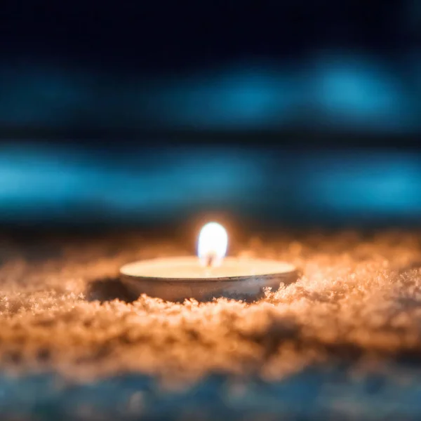 Burning Candle Snow Dark — Stock Photo, Image