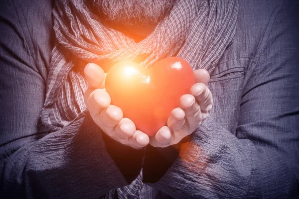 Adult Bearded Man Blue Jacket Scarf Holding Red Heart Light — Stock Photo, Image