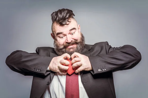 Angry Adult Bearded Man Black Jacket Red Tie Tearing Red — Stock Photo, Image