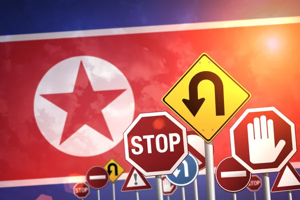 Señales Stop Fondo Bandera Corea Del Norte — Foto de Stock