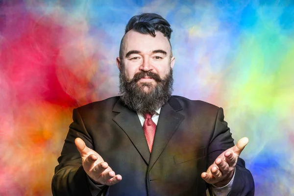 Adult Skäggig Man Kostym Sträcker Händerna Framåt Multicolor Bakgrund — Stockfoto
