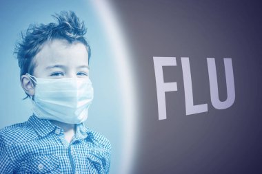 Kahverengi zemin üzerinde yazıt gribi yanında tıbbi maske çocuk