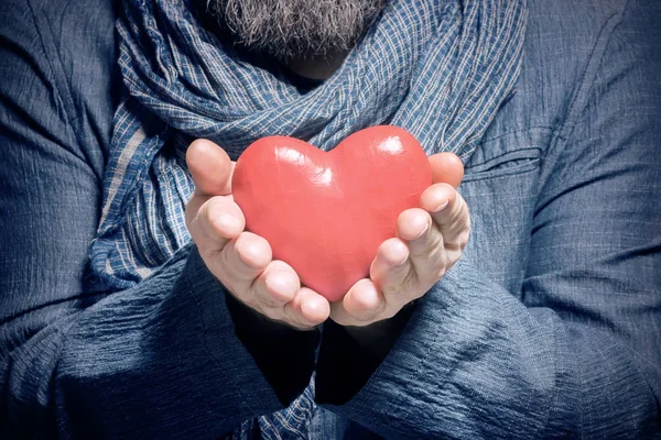 Bearded Man Blue Jacket Scarf Holding Red Heart Toned — Stock Photo, Image