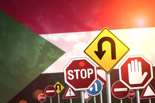 Πινακίδα Stop Φόντο Σημαία Του Σουδάν — Φωτογραφία Αρχείου