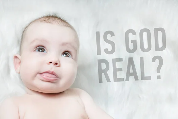 Cute Baby Lying White Fur Next Inscription God Real — Stock Photo, Image