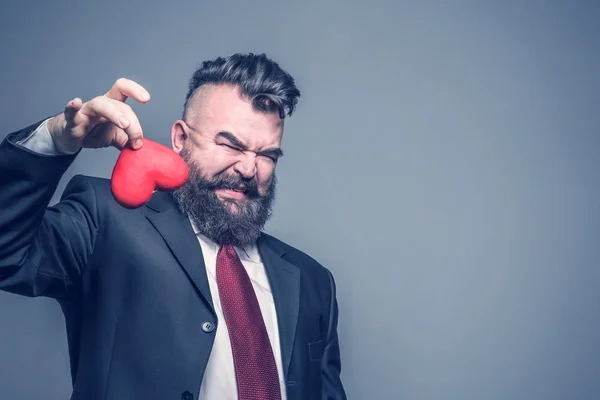 Adult Bearded Man Black Jacket Red Tie Disgust Holding Red — Stock Photo, Image