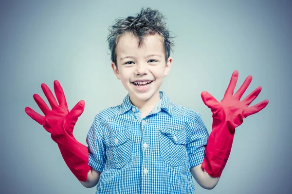 Cute Little Boy Blue Shirt Red Rubber Gloves Toned — Stock Photo, Image