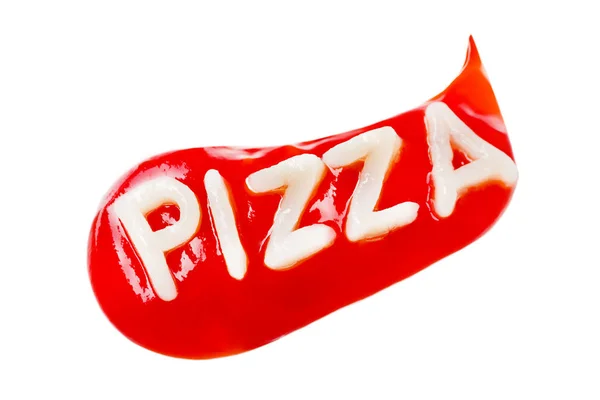 Inscrição Pizza Feito Macarrão Uma Gota Ketchup Vermelho Fundo Branco — Fotografia de Stock