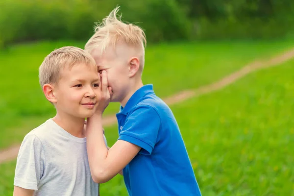 Niño Rubio Con Una Camiseta Azul Dice Secreto Oreja Amigo —  Fotos de Stock