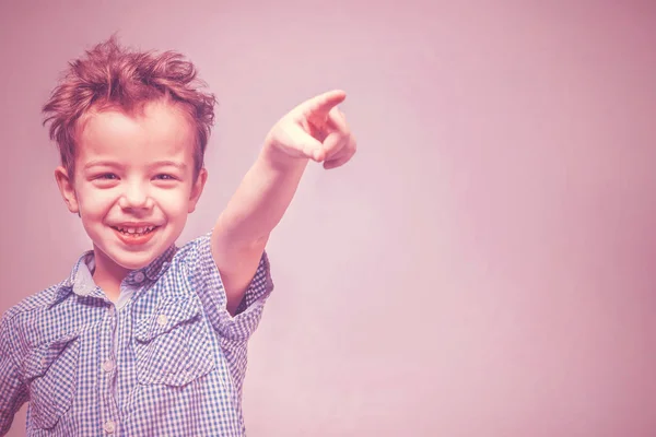 Cute Little Boy Blue Shirt Shows His Hand Forward Pink — Stock Photo, Image