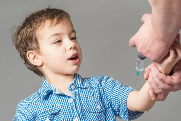 Scared Boy Blue Shirt Vaccination Gray Background Isolated — Stock Photo, Image