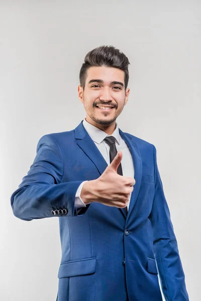 Joven Hombre Atractivo Traje Azul Que Muestra Pulgar Hacia Arriba — Foto de Stock