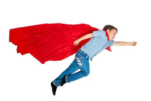 Boy Flying Red Cloak Superhero White Background Isolated — Stock Photo, Image