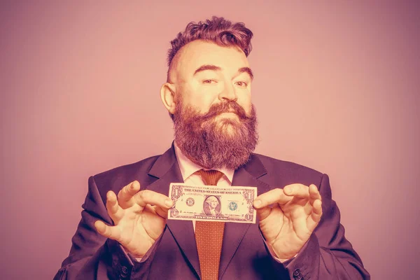 Hombre Barbudo Adulto Con Traje Que Sostiene Dólar Sobre Fondo —  Fotos de Stock
