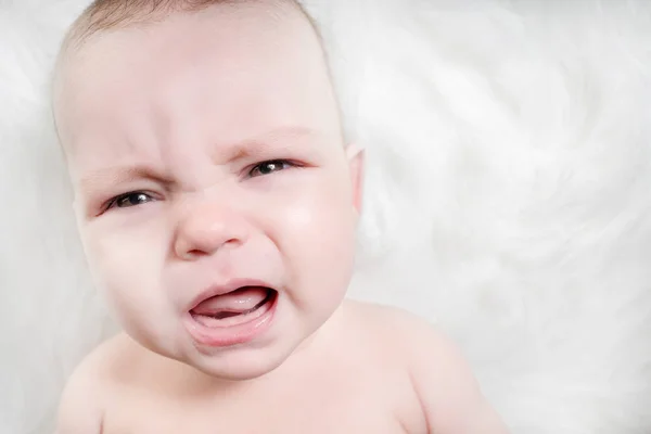 Llorando Bebé Encuentra Blanco Esponjoso Fondo —  Fotos de Stock