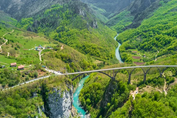 Горы Покрыты Зеленым Лесом Рекой Автомобильным Мостом Вид Сверху — стоковое фото