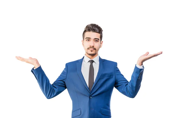 Aantrekkelijke Jongeman Een Blauwe Pak Maken Gebaar Met Handen Een — Stockfoto