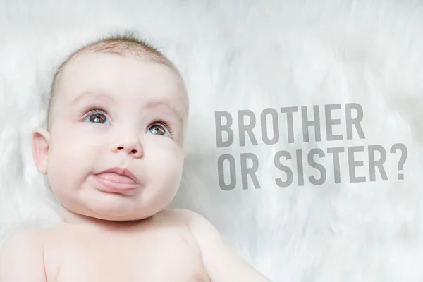 Cute Baby Lying White Fur Next Inscription Brother Sister — Stock Photo, Image