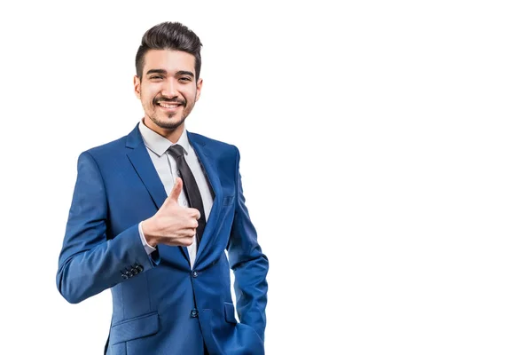 Jovem Homem Atraente Terno Azul Mostrando Polegar Fundo Branco Isolados — Fotografia de Stock