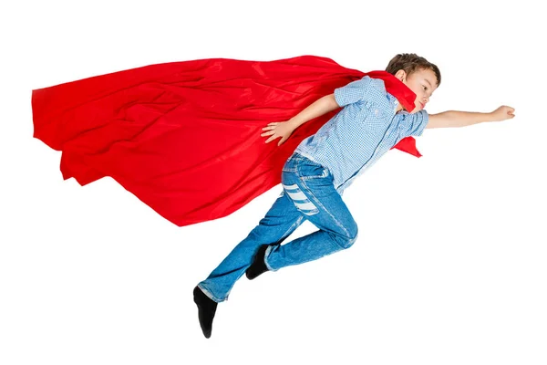 Süper Kahraman Bir Kırmızı Pelerin Içinde Beyaz Bir Arka Plan — Stok fotoğraf