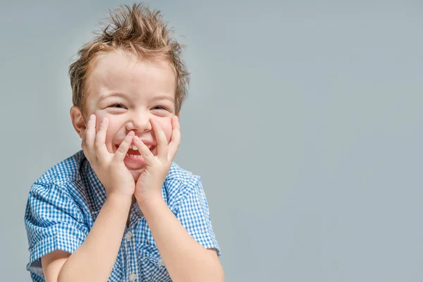 Cute Laughing Boy Blue Shirt Gray Background Isolated — Stock Photo, Image