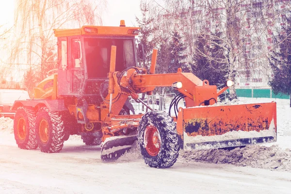 Orange Snow Removing Machine City Street Winter Sunny Day — Stock Photo, Image