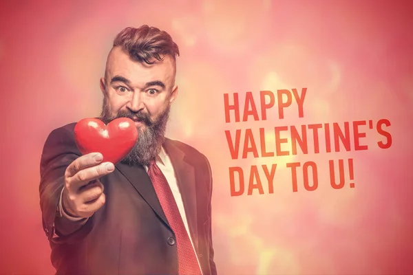 Adult Bearded Man Suit Holding Heart Red Background Inscription Happy — Stock Photo, Image