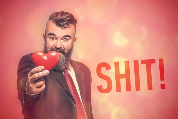 Adult Bearded Man Gray Suit Holding Heart Red Background Inscription — Stock Photo, Image